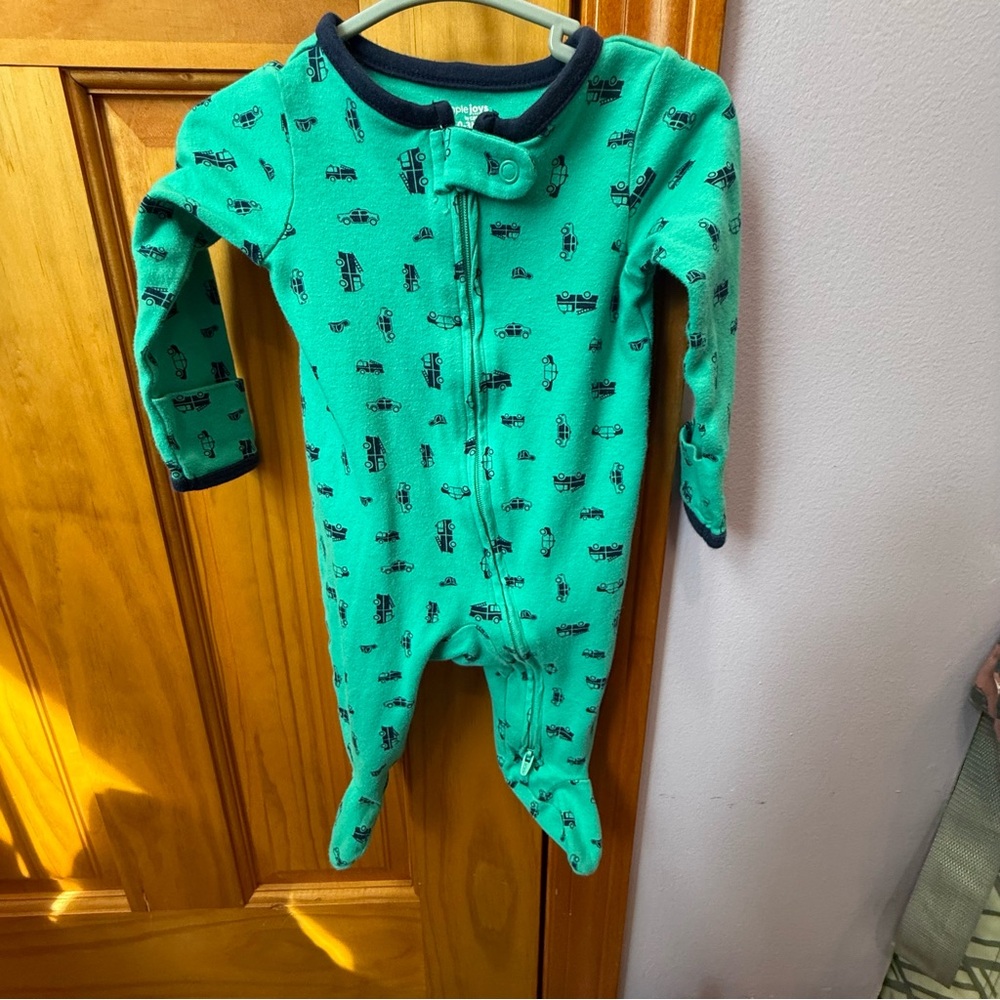 Teal Kids Footie with Fun Vehicle Design